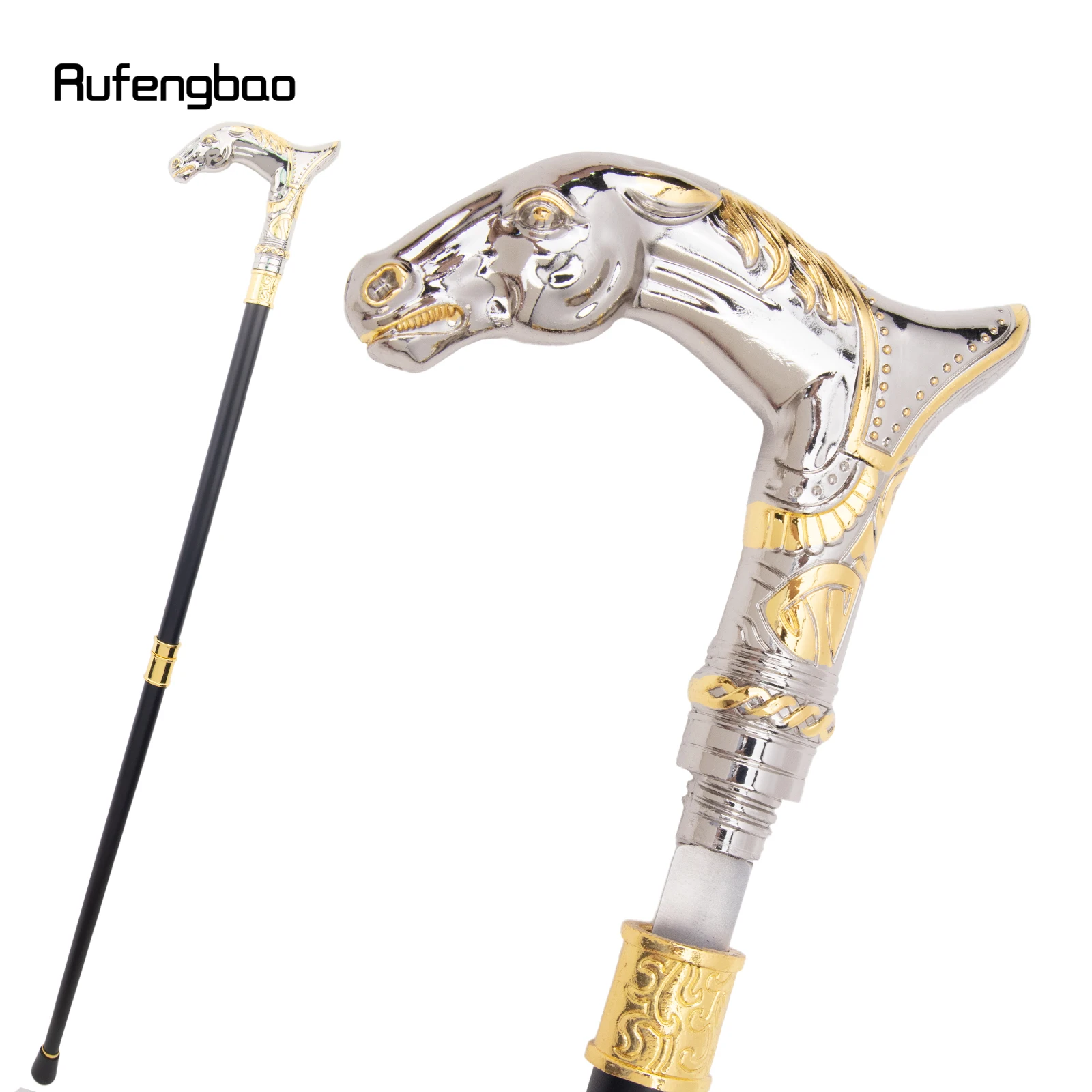 Golden White Horse Head Animal  Walking Stick with Hidden Plate Self Defense Fashion Cane Plate Cosplay Crosier Stick 92cm