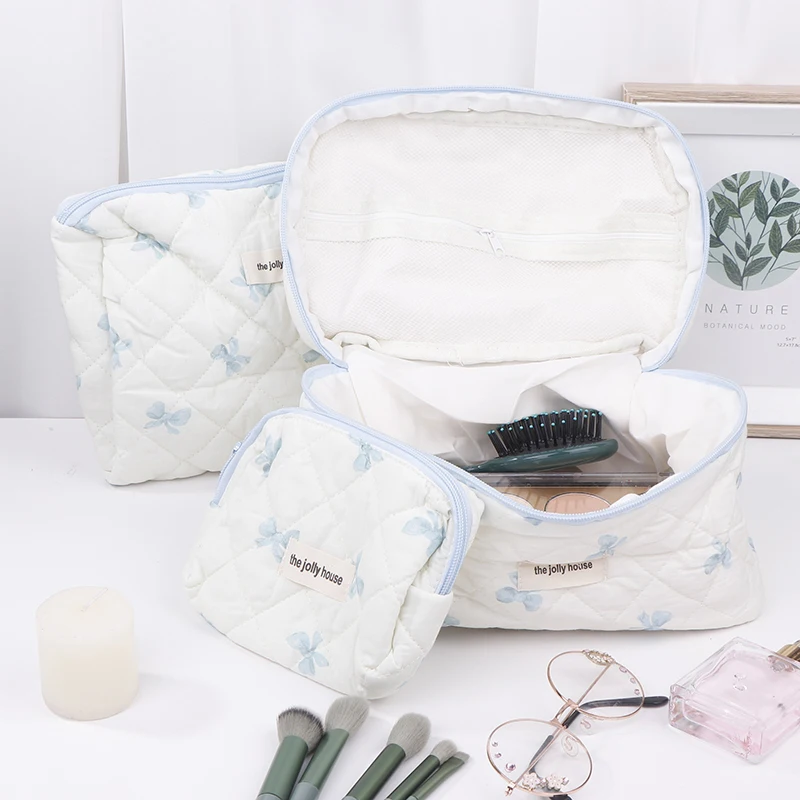 Bolsa de maquillaje a cuadros de algodón Floral acolchado para mujer, bolsa de cosméticos de gran capacidad, bolsa organizadora de artículos de tocador de viaje con cremallera femenina