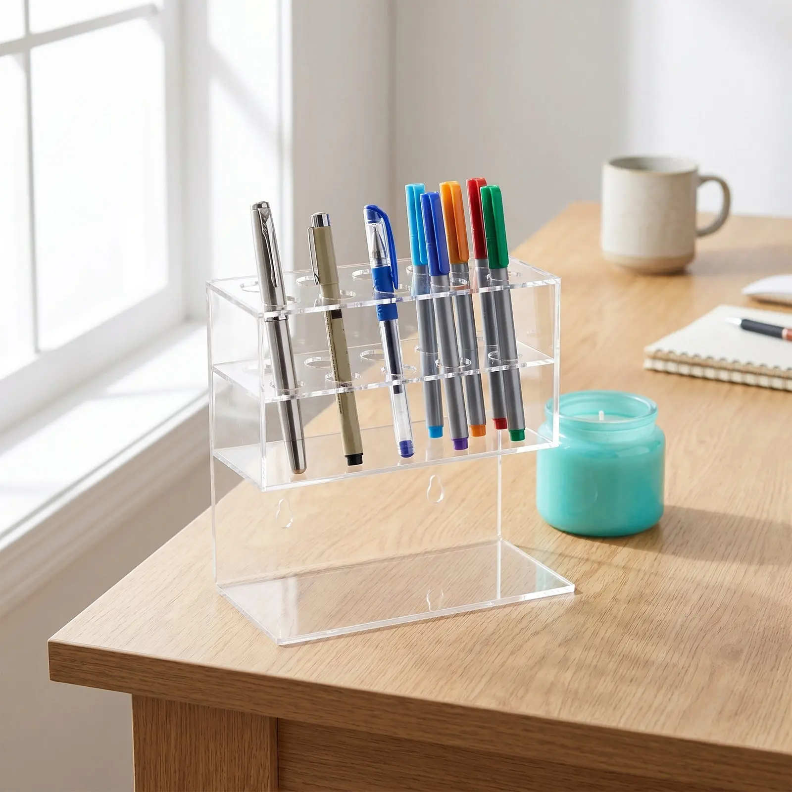 Clear Acrylic Double Layer Wall Mounted Pen Holder Pencil Cup 10 Slots Office Desk Organizer Art Supplies Storage Box