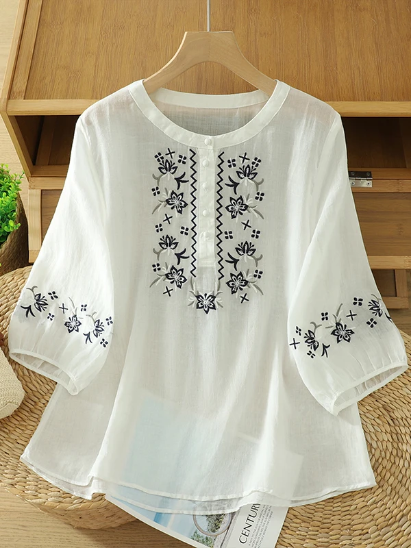 

Ele Embroidered Cotton Linen ort Sve round Ne Pullover irt Women's Summer New Sle Floral Pattern Loose Fit Top