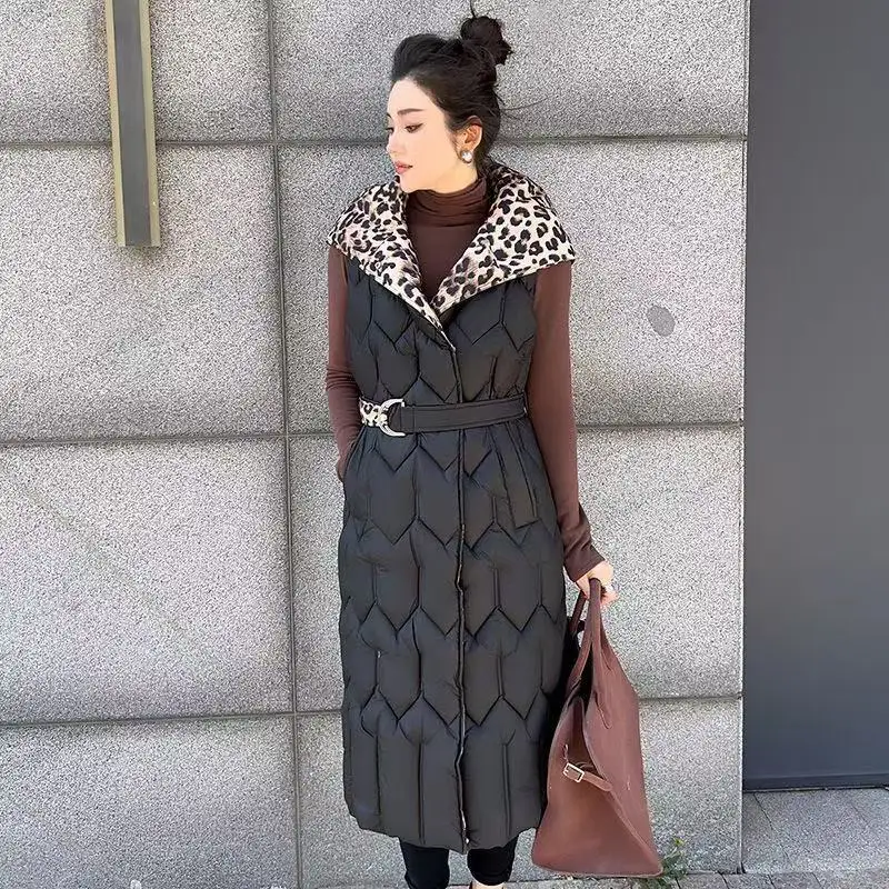 

Новый осенне-зимний длинный пуховый хлопковый жилет, женская верхняя одежда, корейский свободный жилет без рукавов с леопардовым принтом, куртка, пальто, женский жилет