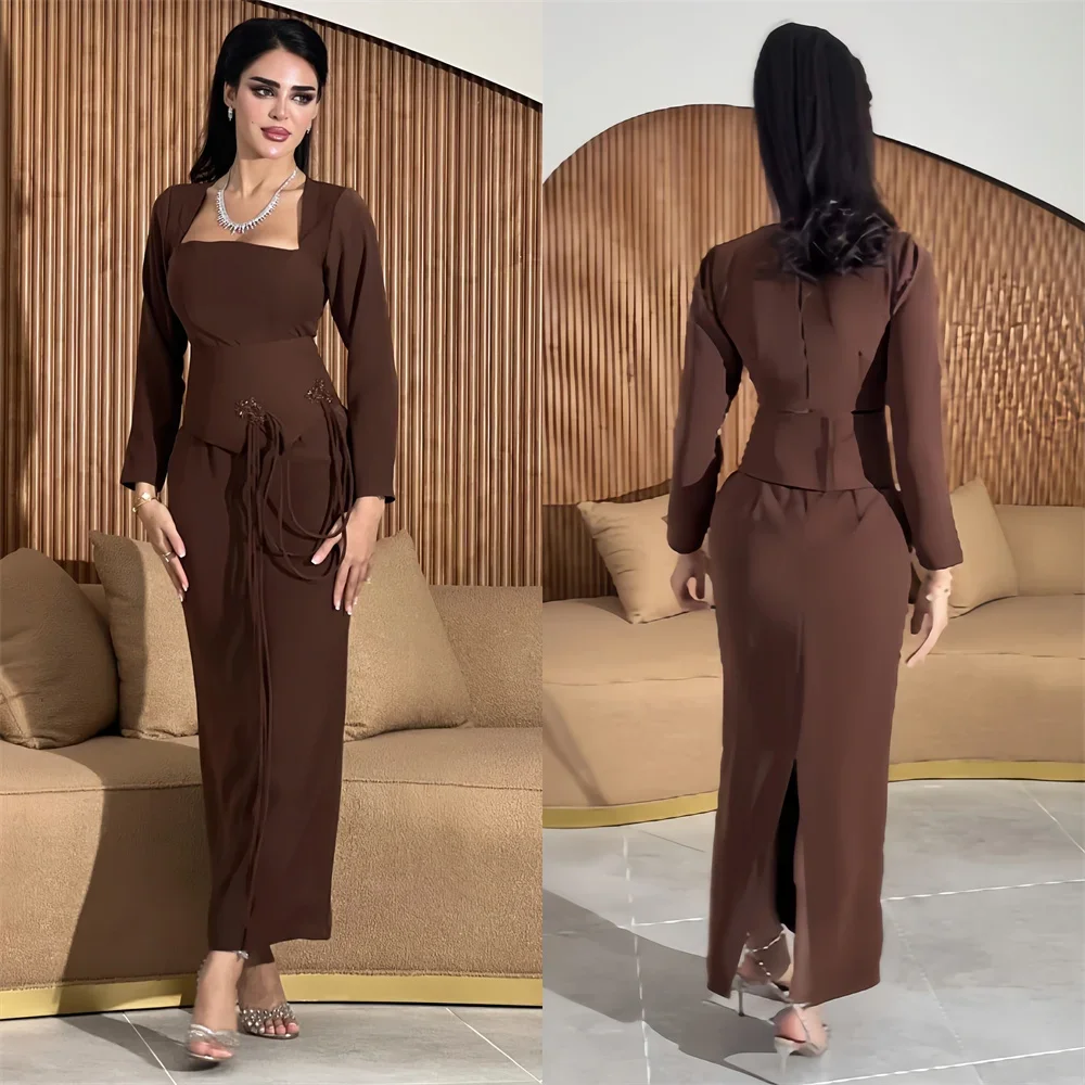 Customized Saudi Arabia Formal Gown Dearin Square Collar Column Ankle Length Skirts Vertically Ribbon Bespoke Occasion Dresses E