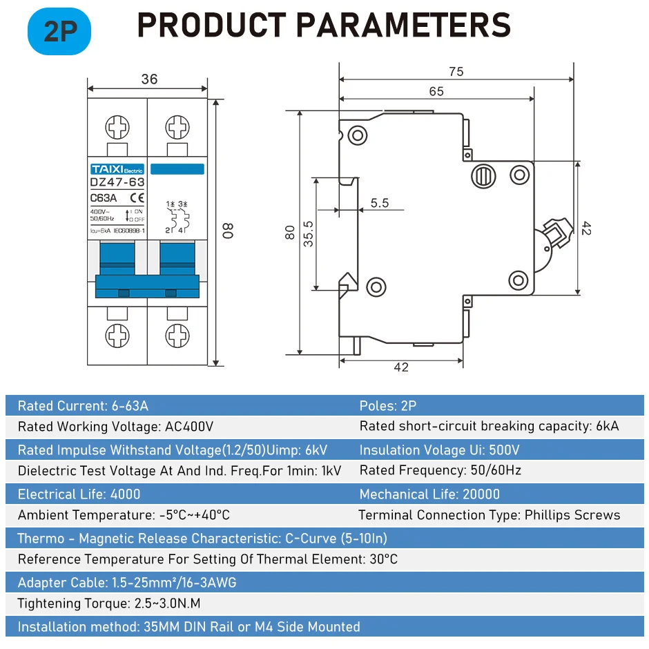 AC Circuit breaker MCB DZ47  6A 10A 16A 20A 25A 32A 40A 50A 63A 220V Circuit Overload, Disconnect, Short Circuit Protection