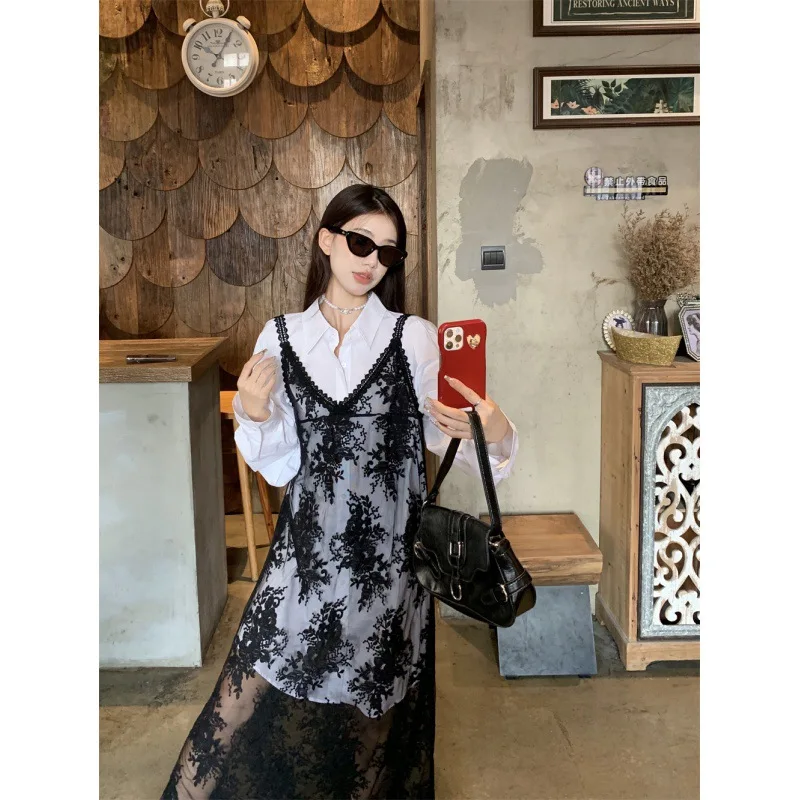 Shpmishal 2024 Spring Design Dress Embroidered Lace Lace Lace Hanging Strap Dress Layered Lapel Long Sleeved Shirt Set of Two