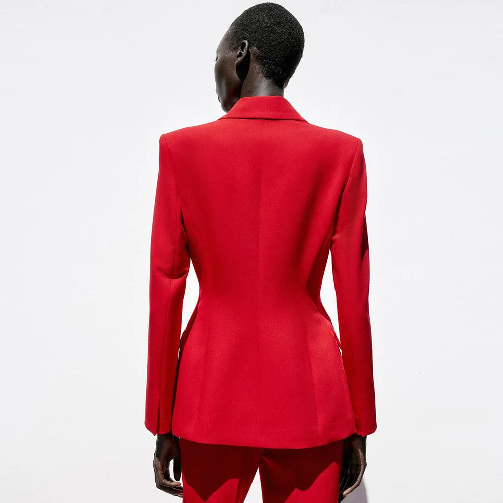 우아한 레드 여성 투피스 수트 세트 원버튼 슬림 재킷 스트레이트 팬츠 세트 오피스 비즈니스 연회 여성 의류