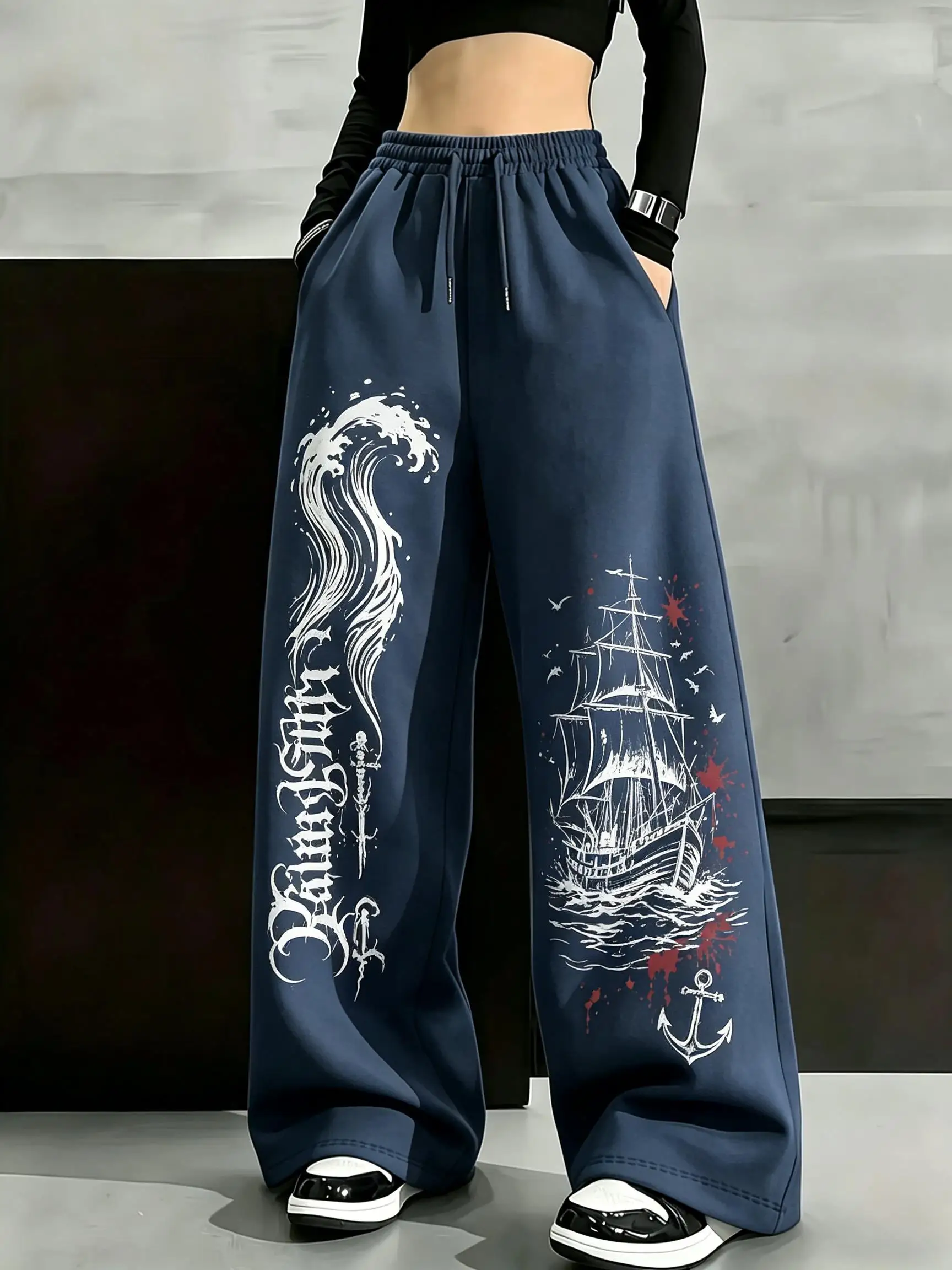 Women Gothic Wide Leg Sweatpants Pirate Ship Skeleton Gear Wave Print Drawstring Elastic Waist Streetwear Trousers