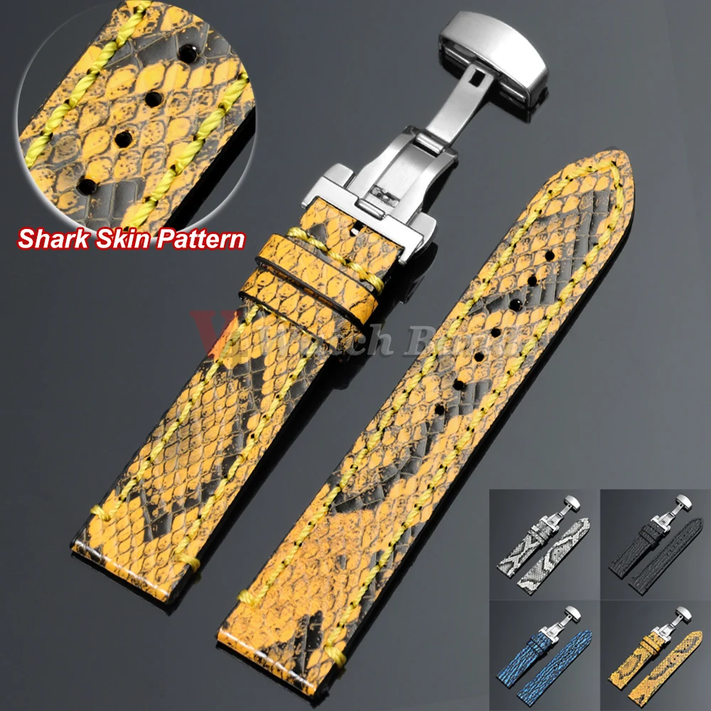 Geprägtes Armband mit Schlangen- und Haifischhautmuster, Schmetterlingsverschluss, 18 mm, 20 mm, 22 mm, handgefertigtes Lederarmband für Herren und Damen, Armband