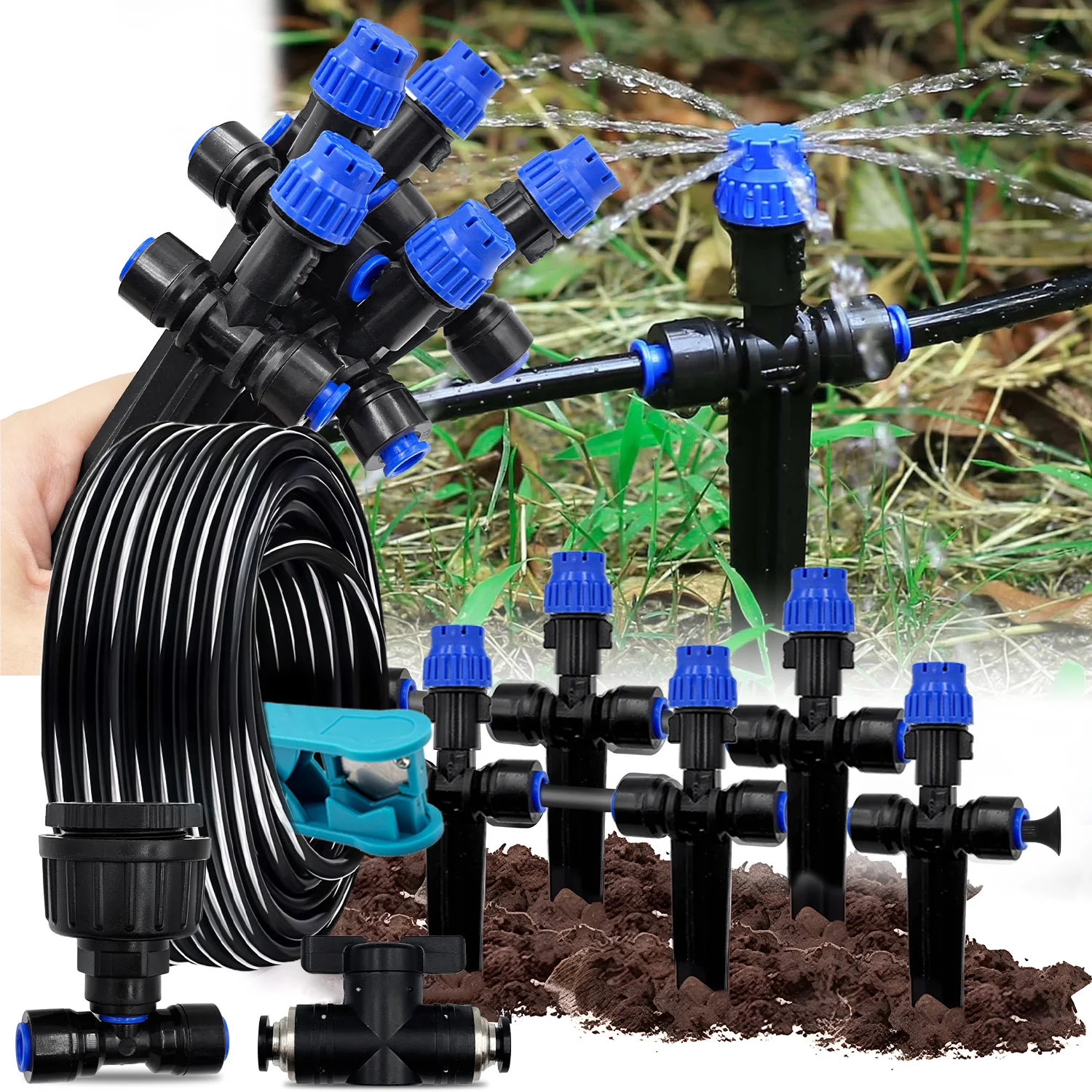 Kit de Irrigação para Jardim com Pulverizador de Gotejamento Externo de 1/4 polegada, Gotejador de 8 Furos com Estaca, Aspersor Ajustável e Conector de Engate Rápido de 6mm
