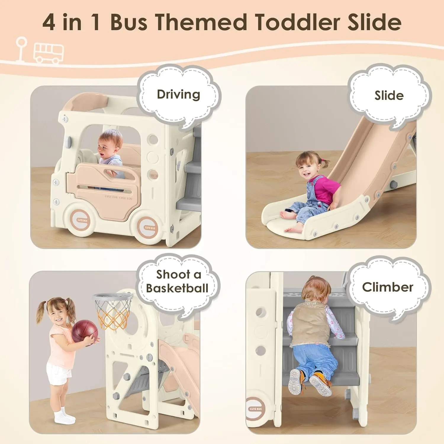 4 in 1 Slide, Kid Slide for Toddlers Age 1-3, Bus Themed Baby Slide with Basketball Hoop, Indoor Outdoor Slide Toddler P