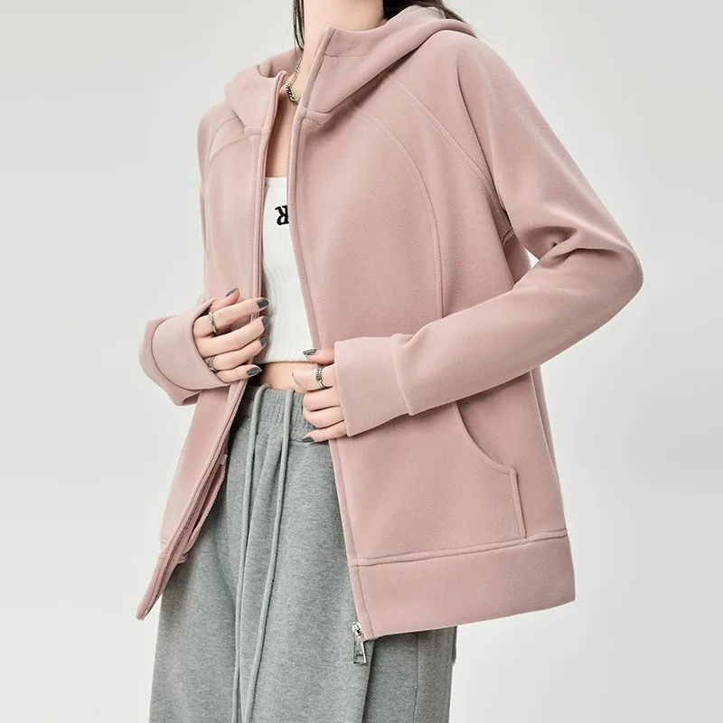 

Корейский стиль, куртка на молнии с капюшоном, женская осенне-зимняя кардиган с длинными рукавами, толстовка, пальто, однотонные дикие повседневные утягивающие толстовки