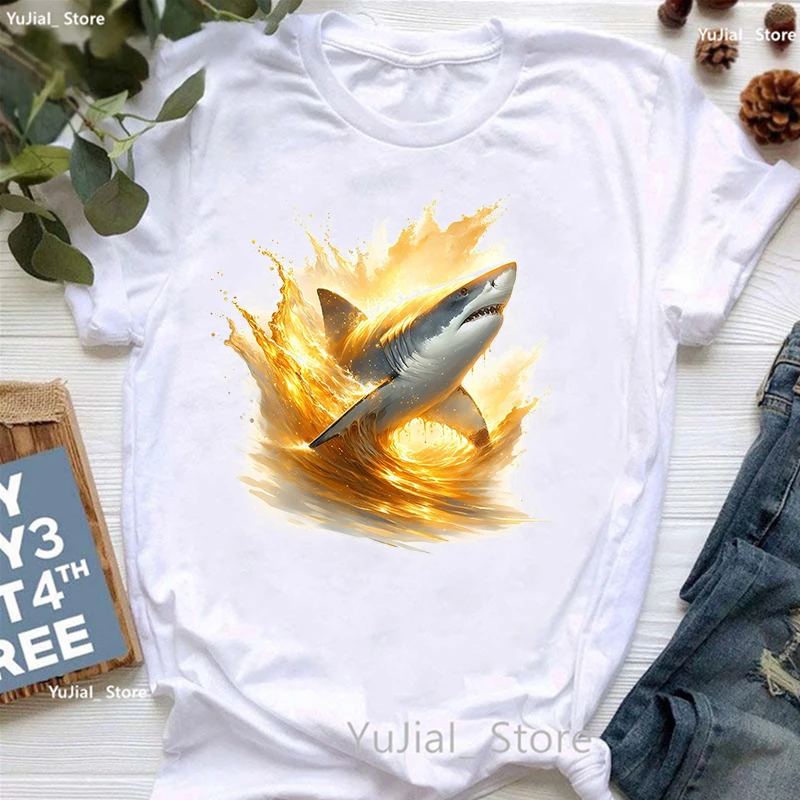 

Golden Shark Printed T Shirt Women Clothes 2024 Summer Fashion Tops Tee Shirt Femme Harajuku Shirt Casual Funny T-Shirt Female