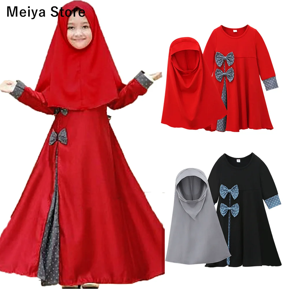 

2024 Ramadan Muslim Kids Girls Hijab Dress 2PCS Set Khimar Burqa Niqab Abaya Islamic Children Clothing Turkey Dubai Prayer Robe