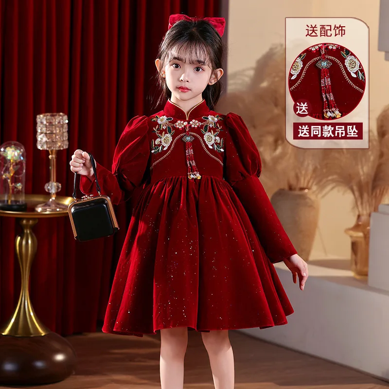 Girls\' Autumn and Winter New Festive Turtleneck New Year Clothes New Chinese Princess Dress