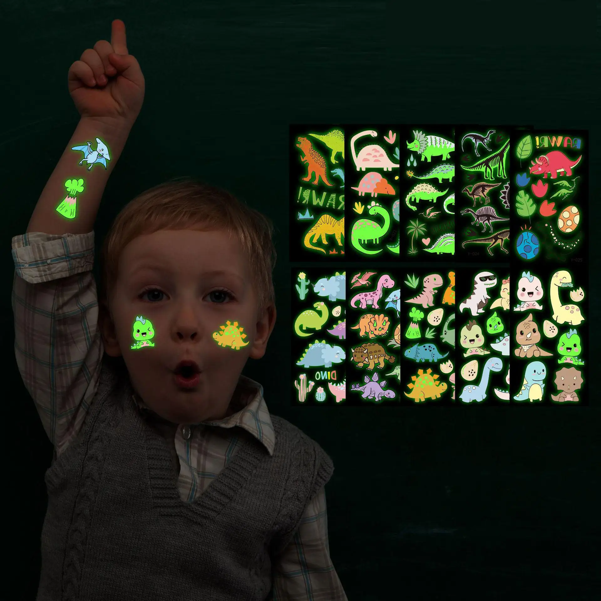 10 Uds. Tatuaje luminoso de dinosaurio de dibujos animados pegatina Kawaii creativo temporal divertido Animal flor muñeca pie tatuaje pegatinas