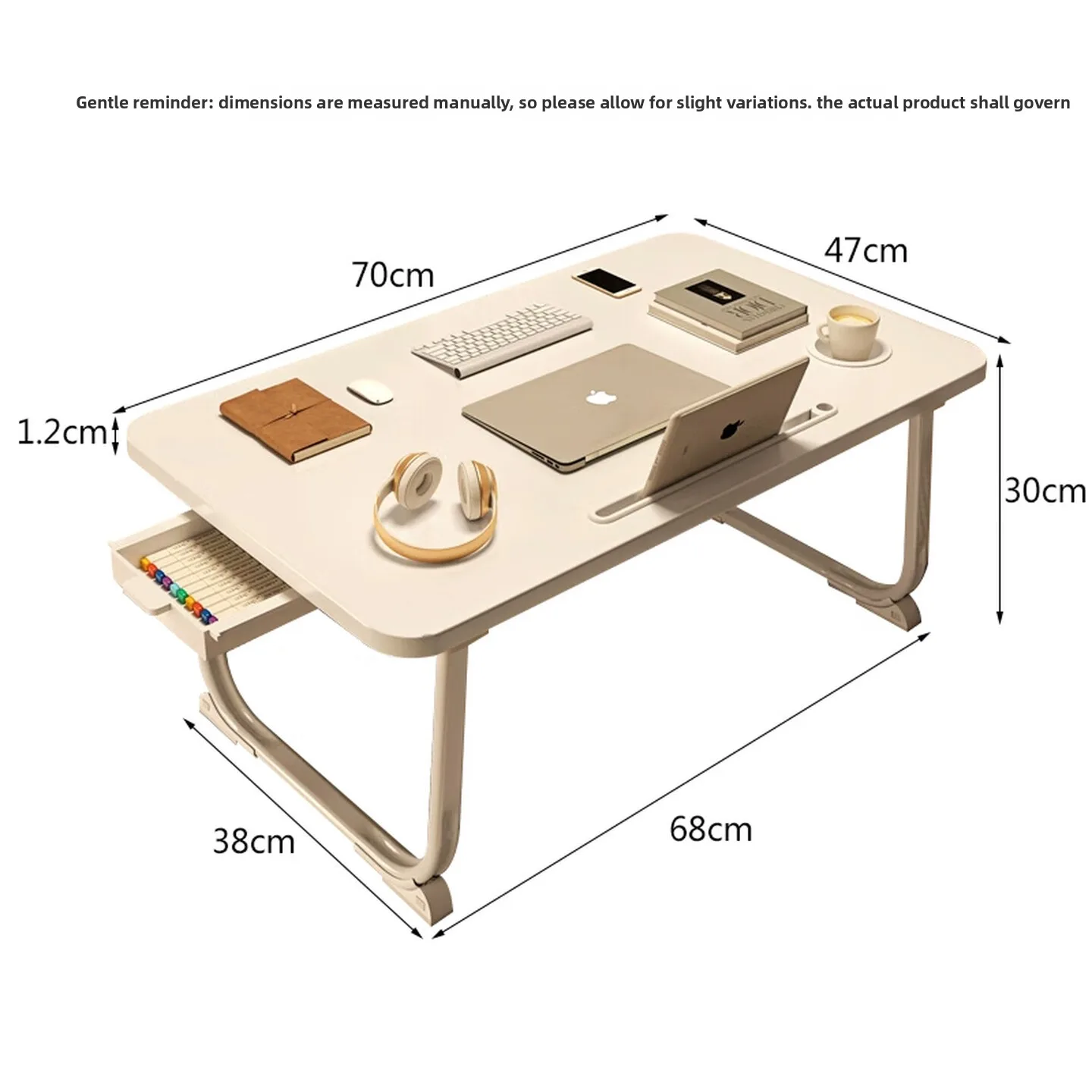 70x48 Folding Bed Laptop Desk with Drawer White Study Table Elevated Non Slip Legs and Thick Steel Frame for Bedroom Use