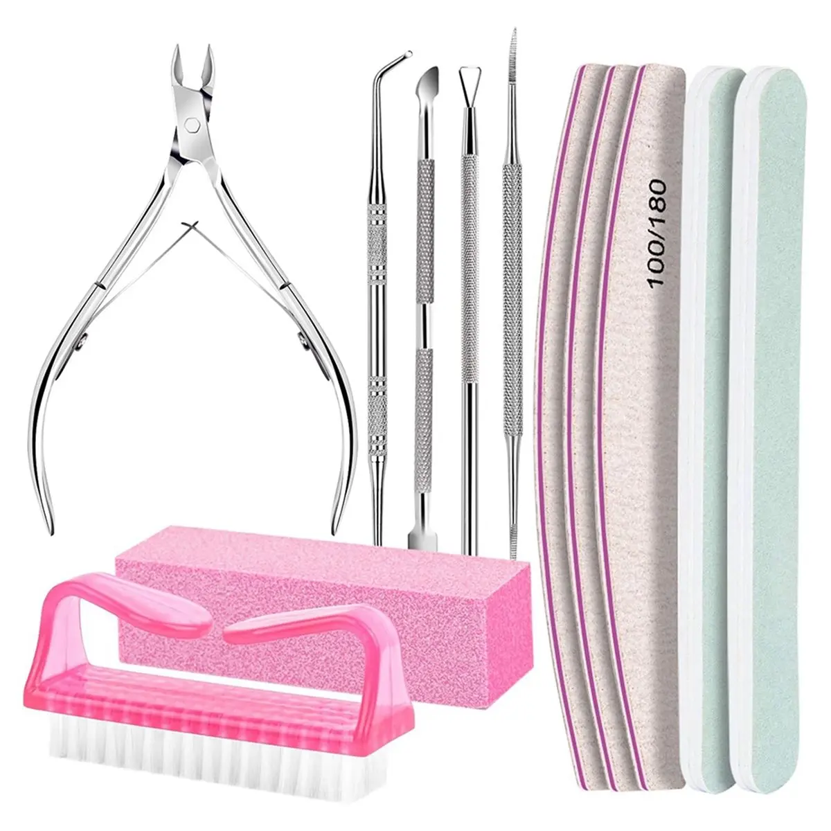 [N84R] Nail Care Kit, 100/180 Nail Files & Buffer Block, Cuticle Nippers & Pushers, Manicure Pedicure Tools for Women