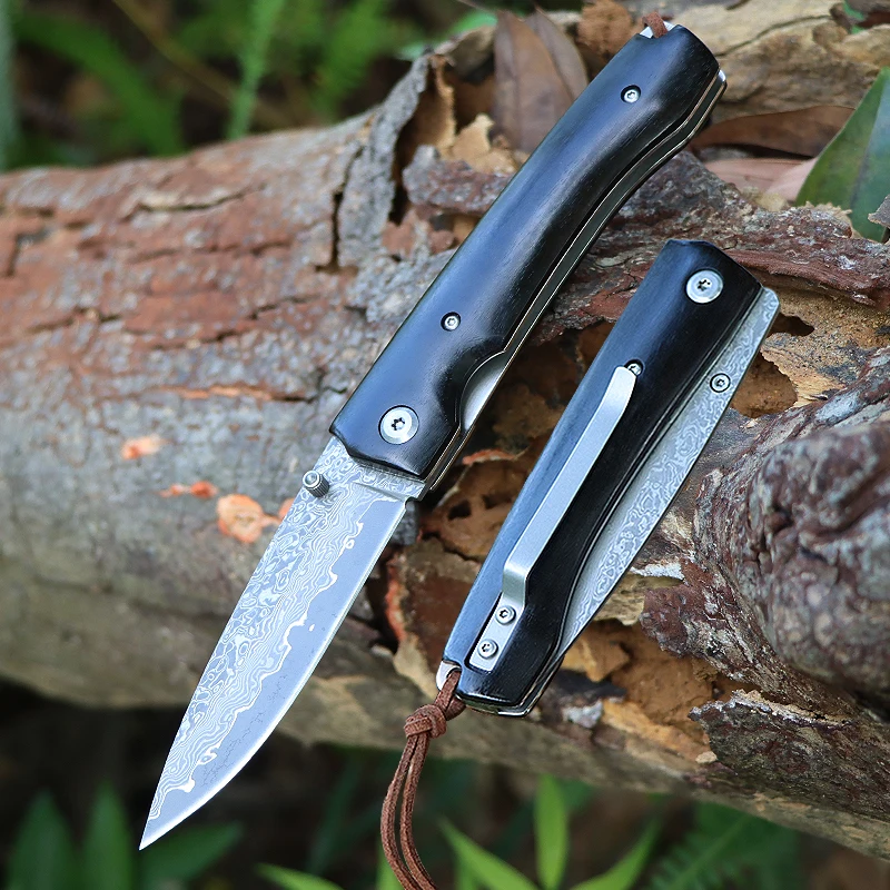 

VG10 steel Damascus blade high hardness ebony handle camping pocket folding knife survival tactics EDC fruit knife