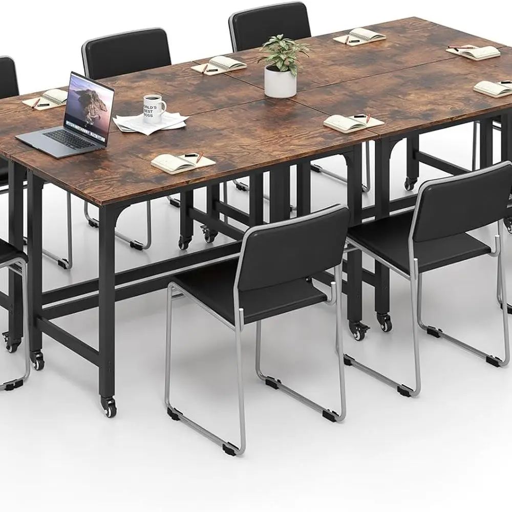 

4-Piece Mobile Computer Desk Set, Storage Bag & Headphone Hooks Included, Rolling Boardroom Table with Rustic Brown & Black Fini