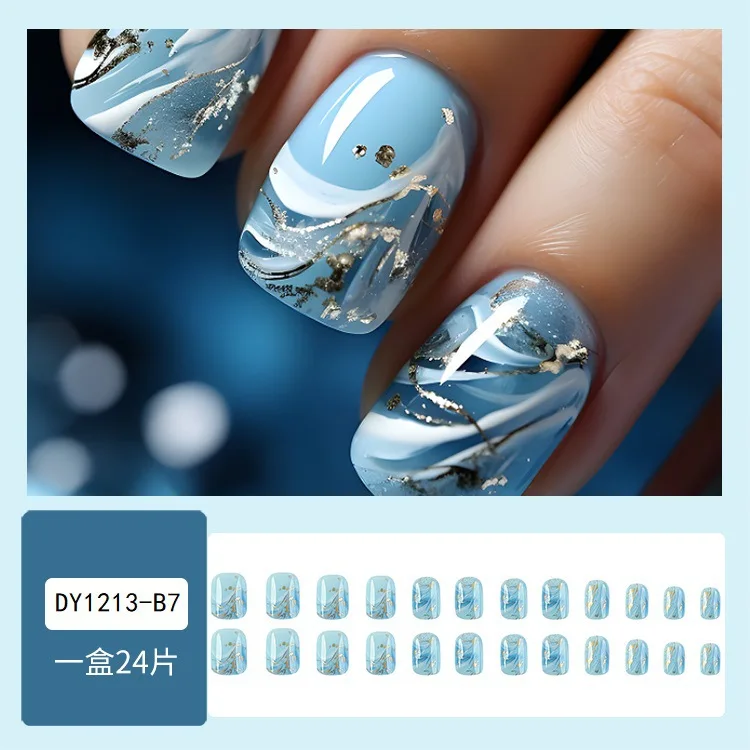 Falso Pregos De Linha Geométrica, Bailarina Pregos Postiços, Dicas De Unhas De Cobertura Completa, Pressione, Azul, Branco, Onda, Curto, 24pcs por Caixa