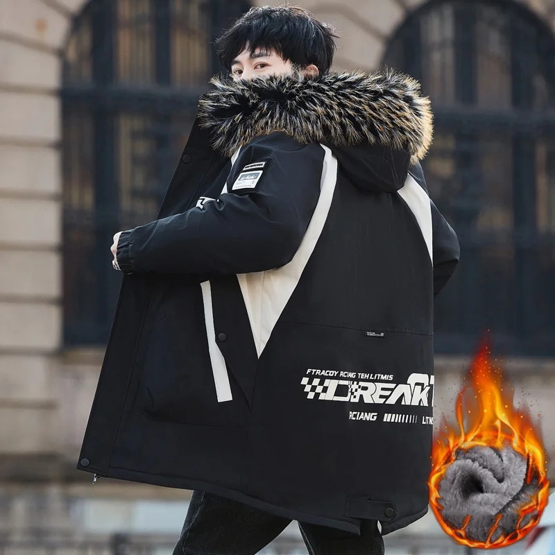 معطف رجالي سميك مبطن بالصوف متوسط الطول، سترة رجالية مبطنة بالصوف، سترة مع ياقة من الفرو #5