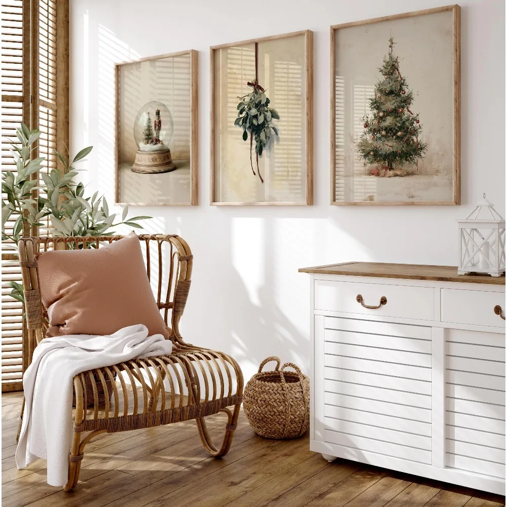 3pcs Frameless Retro Christmas Wall Art,Nutcracker Snowball Mistletoe Print Unisex Holiday Decor Comfortable Christmas Farmhouse