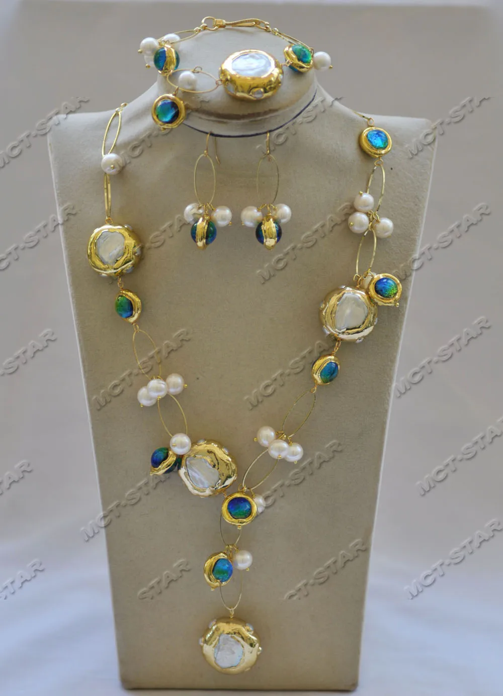 MTC·STAR Z12774 Set White Round Pearl Gold-Plated Bead Blue Murano Glass Necklace Bracelet Earring