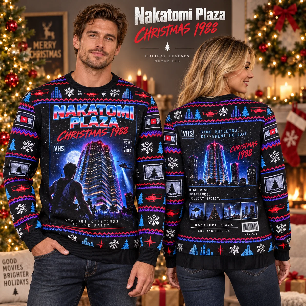 Hot Nakatomi Plaza Ugly Christmas Sweater, Retro 1988 Holiday Sweaters For Men, Action Movie Christmas Party Outfit