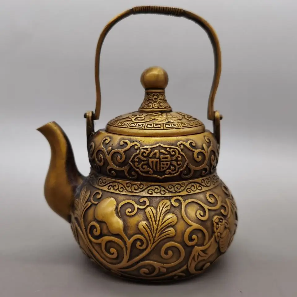Retro Gourd‑Shape Fu Bat Pattern Teapot Ornament Decoration Tea Pet Figurines Desk Decor Accessories