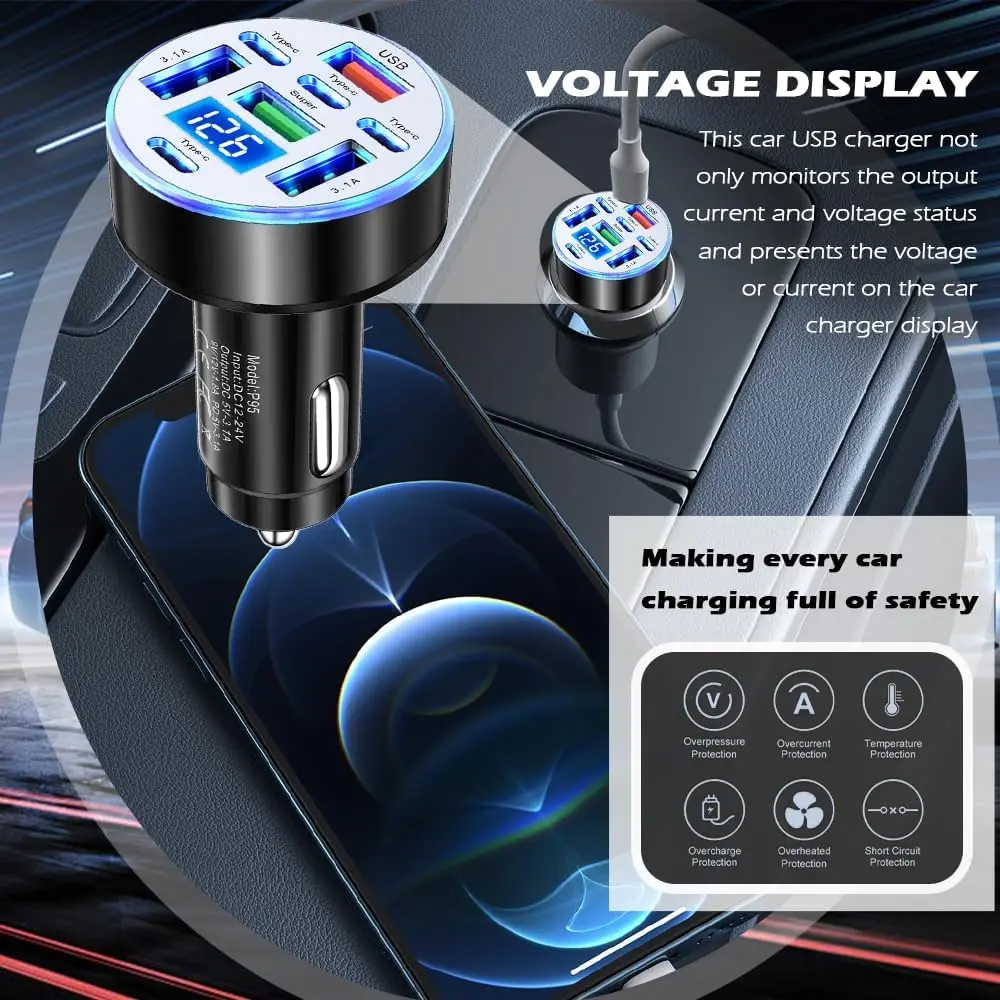 UYUXIO 8 in 1 USB C Car Charger Adapter with Voltage Display QC 4.0 PPS Multi Port Super Fast Charge with Volt Meter for iPhone