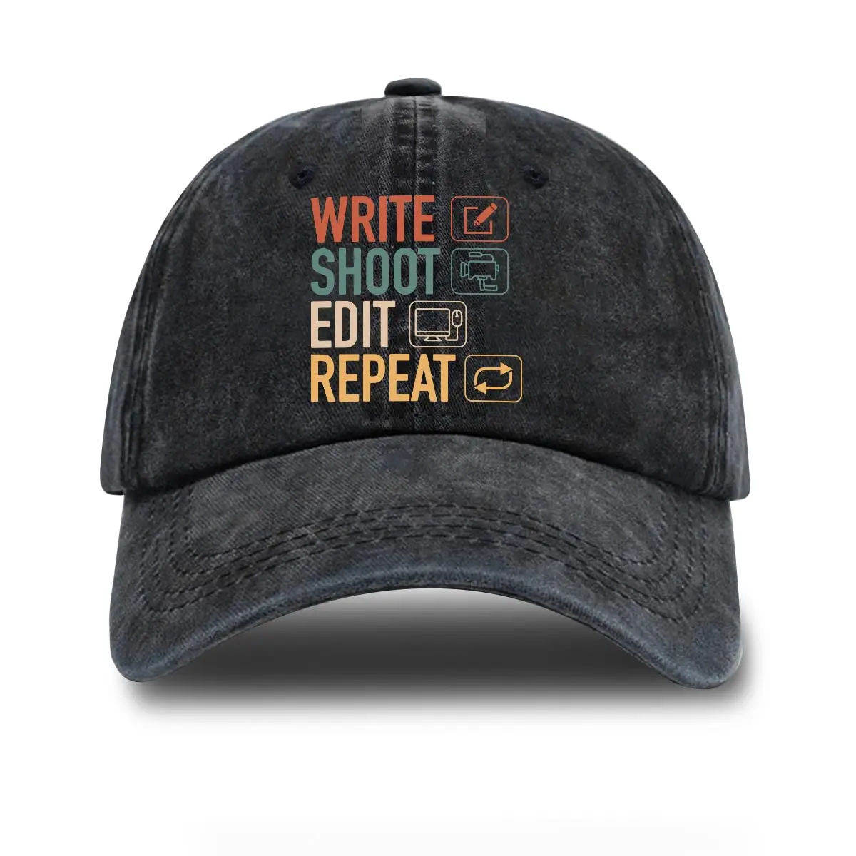 Write Shoot Edit Repeat Adjustable Washed Cotton Baseball Cap Funny Retro Trucker Hat for Men Women Vlogger Journalist