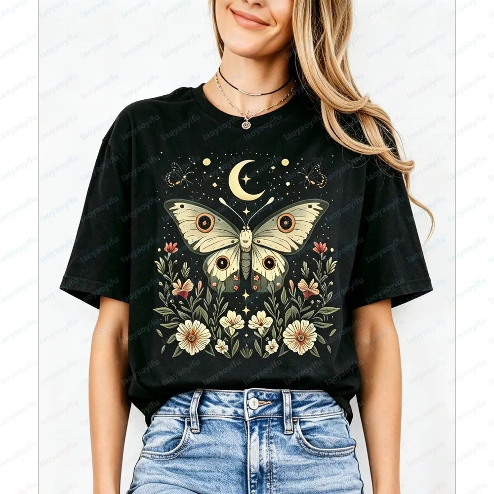 Ladies Summer Short Sleeve T-Shirt Vintage Star Moon Butterfly Floral Print Casual Crew Neck Tee Trendy Comfort Daily Tops