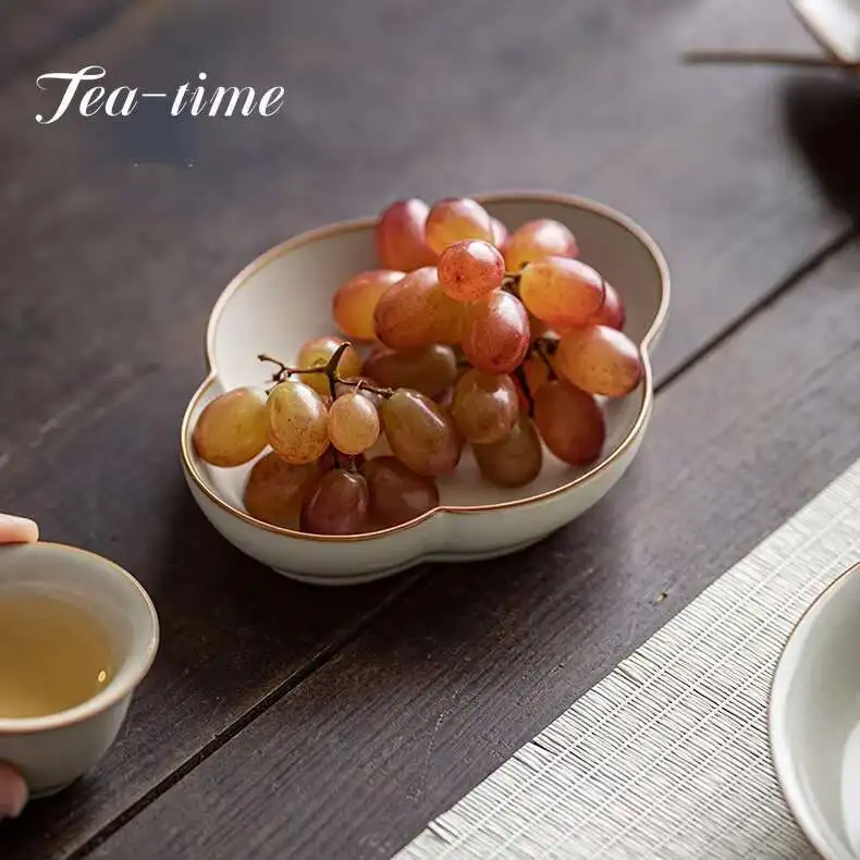 Retro Cream Ru Kiln Ceramic Pot Bearing Plate Creative Begonia Dry Brewing Table Chinese Refreshment Snack Tray Kung Fu Tea Set