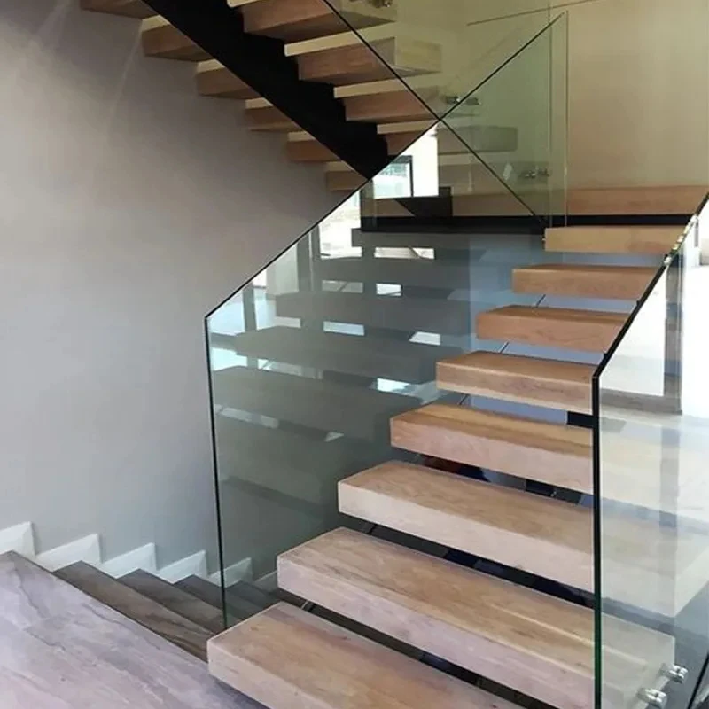 custom.Indoor Modern Straight Floating Stairs with Glass Railing and Solid Wood Steps & Apartment Use