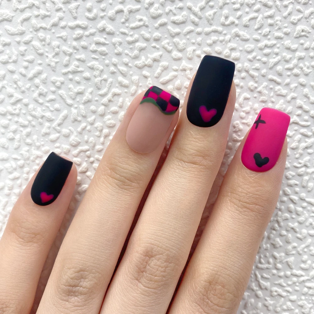 

10 Pcs Handmade Manicure Short Coffin Fake Nails Cute Love Limited Nails Press On Nails Design with Adhesive Nail File Set