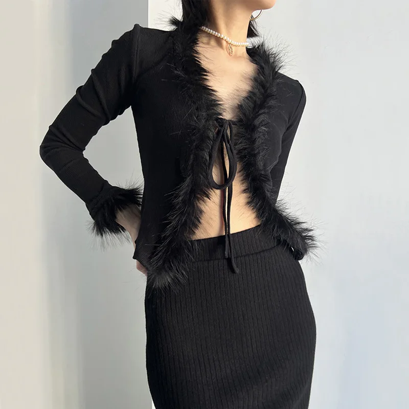 Faux Fur Neckline and Cuff Tie Front Top for Women