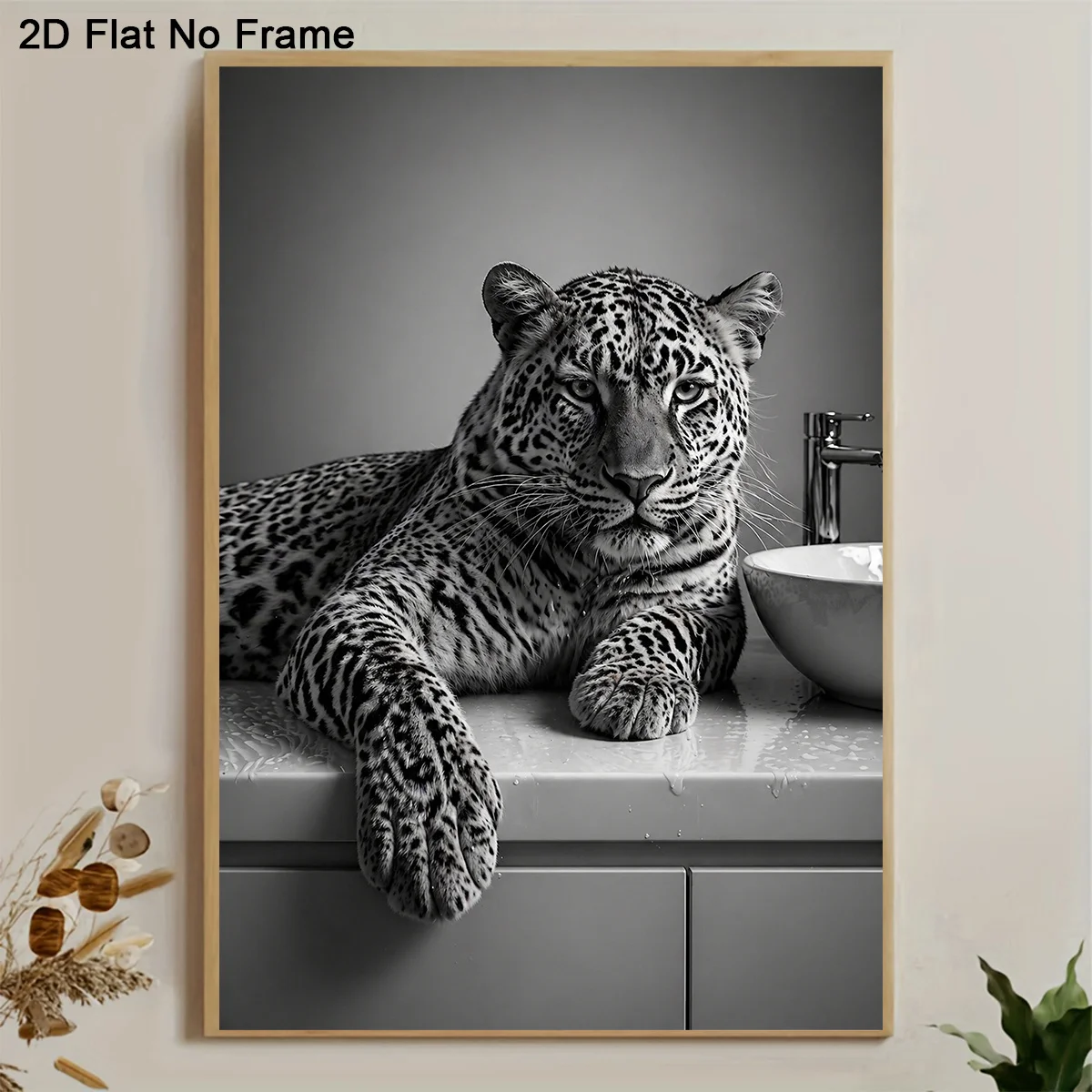 2D Flat, 2D Flat, 1pc Frameless Canvas Poster, Black And White Majestic Leopard Resting by Sink Minimalist Animal Photography