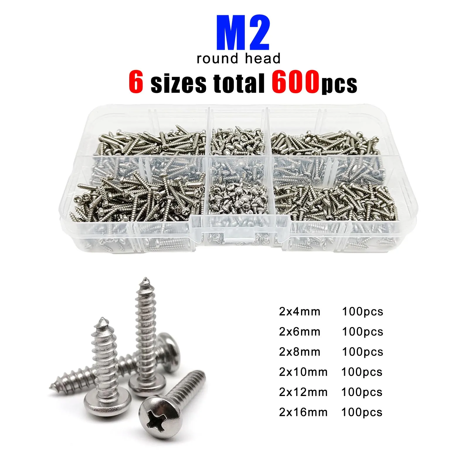 Phillips Flat Countersunk Round Pan Head Self Tapping Wood Screw Mix 6 Sizes M2 M3 Assortment Set Kit 304 A2-70 Stainless Steel