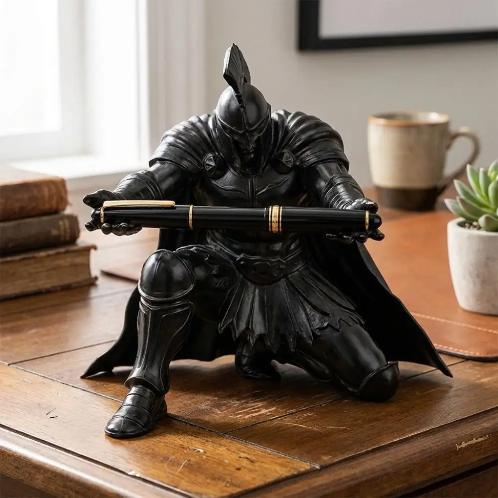 Funny 3D Printed Warrior Pen Holder Vintage Plastic Kneeling Knight Pen Rack Waterproof Desktop Stationery Storage Home Office