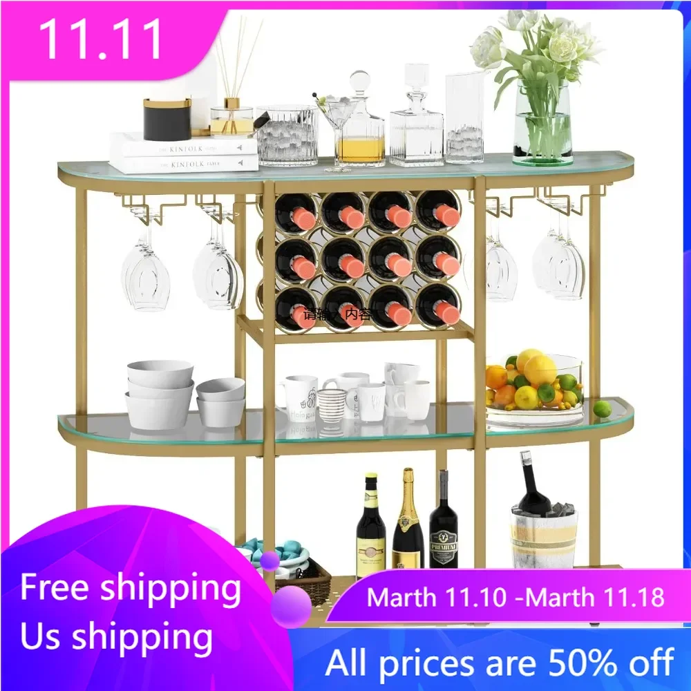 

Wine Rack Table With Glass Holders 3-Tier Liquor Bar Table Gold Refrigerator Furniture