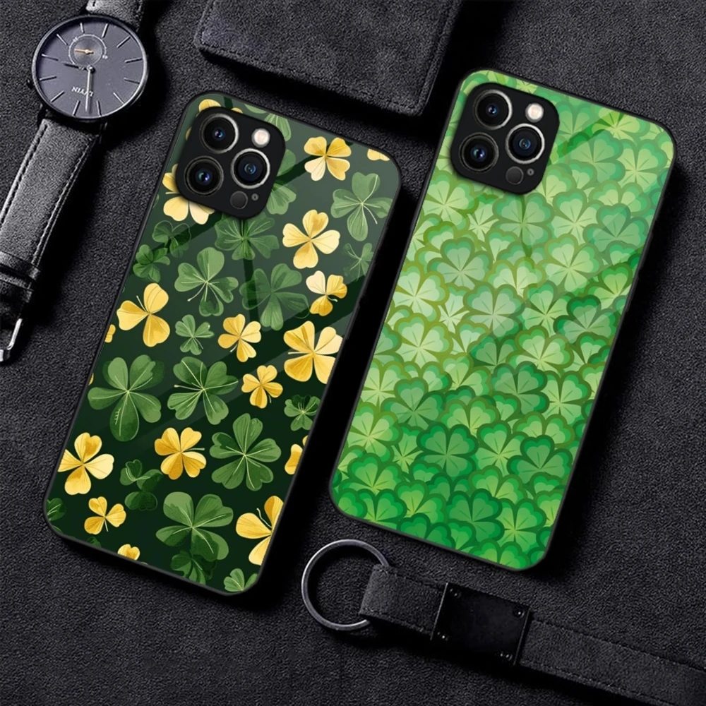 Lucky Four Leaf Clover Phone Case For iPhone 15 13 14 12 16 11 Pro XS Max Plus Mini X XR SE2020 Tempered Glass Coque