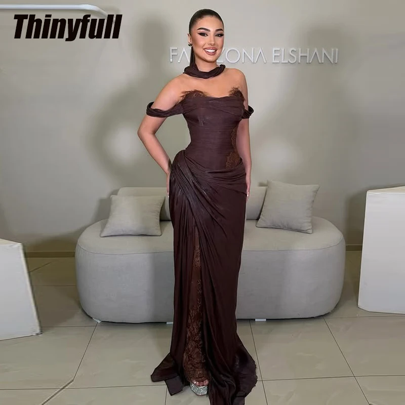 Thinyfull sirena fuera del hombro vestidos De graduación árabes cariño brillante satén vestidos De noche bata De Soirée vestido Formal personalizado