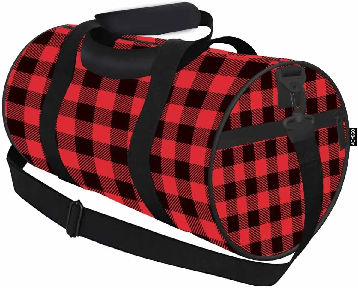 

Red Black Plaid Sports Duffle Bag Buffalo Check Lumberjack Tartan Gingham Weekender for Travel Tote Gym Shoulder