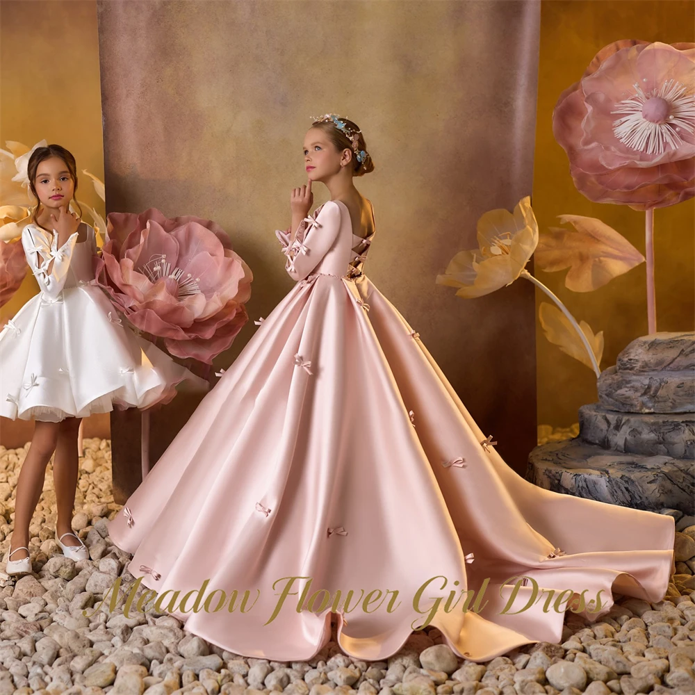 Meadow All over Mini Bows Flower Girl Dress Long Train Kids Birthday Party Dress Light Pink Tutu Fluffy Prom Gown Customized