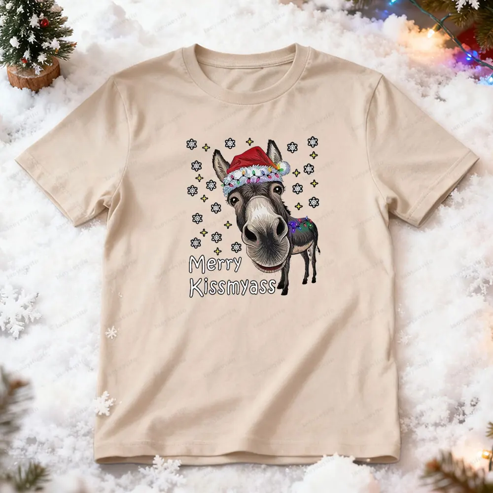 

Funny Christmas Donkey Graphic Man T Shirts Short Sleeve Farm Animal Print Tee Winter Christmas Holiday Party Men Clothing