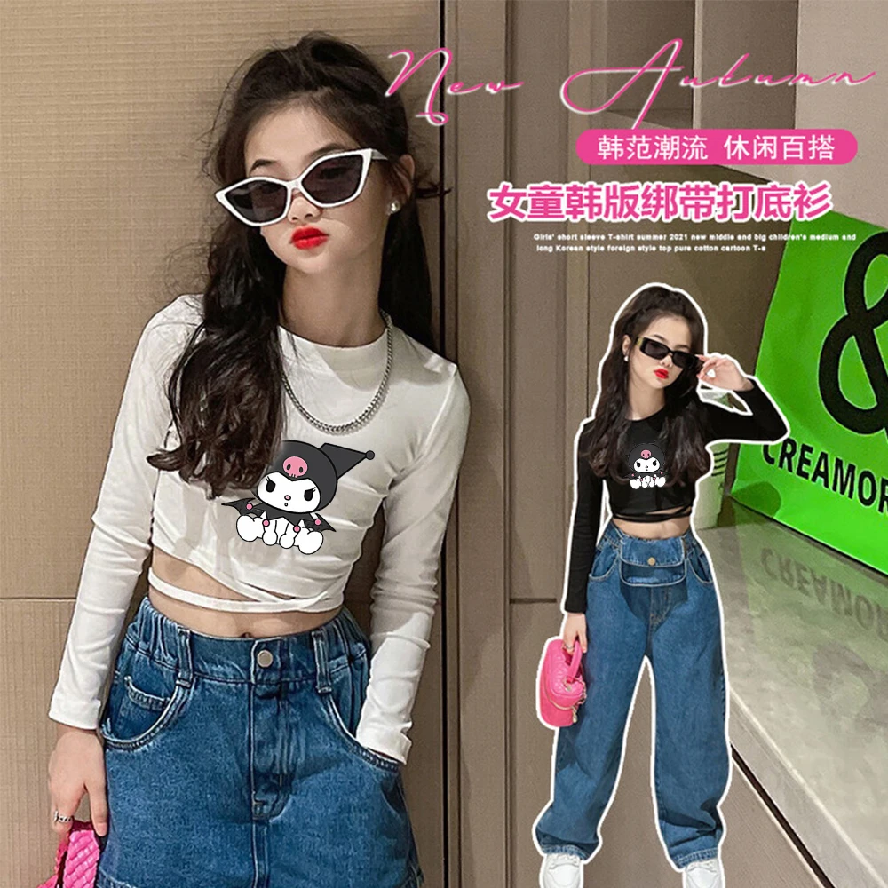 Anime Sanrioed Kuromi Girls T Shirt Top with Straps Cross Teenage Tee Shirt Korean Version Kids Clothes Fashion Kids Crop Top