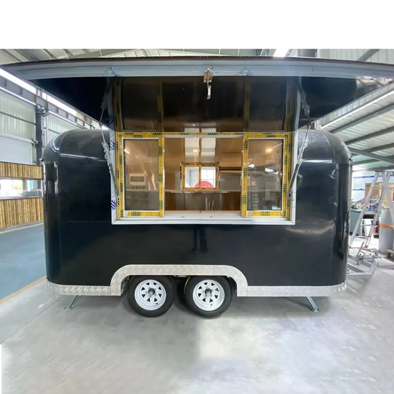 Black Mobile Food Trailer with Sliding Windows Compact Mini Kitchen and Multifunctional Fast Food Setup for Urban Street Vending