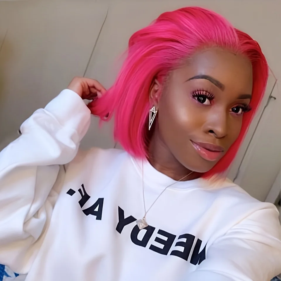 Peluca de cabello humano liso para mujer, color rosa, Bob, Remy