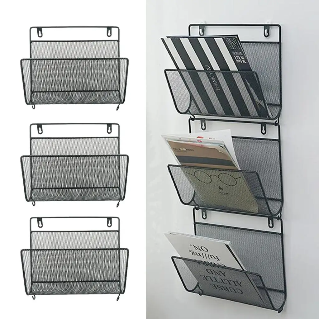 Wall Mounted Magazine Rack Iron Wire Organizer Bin Stylish Newspaper Holder for Home Office Files