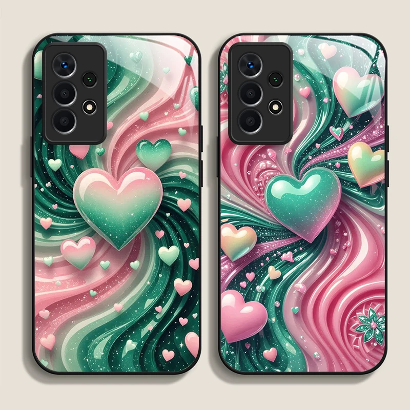 Luxury Colorful Crystal Heart Pattern Tempered Glass Phone Case for Samsung Galaxy A56 A55 A54 A53 A52 A36 A17 A15 A14 5G Cover