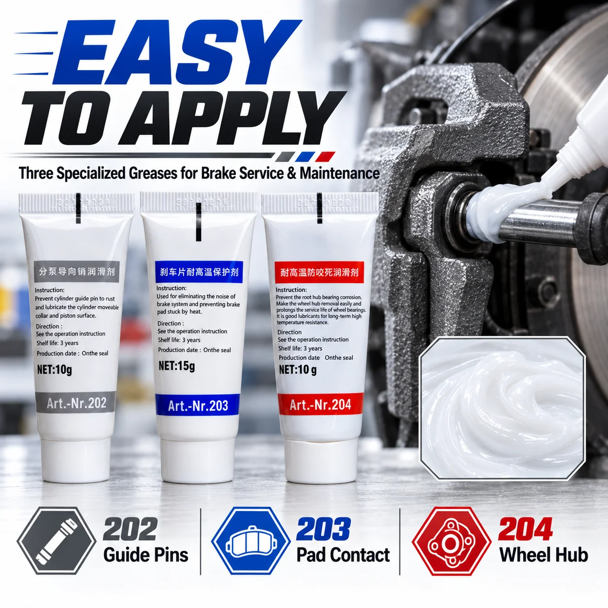 Professional Brake Maintenance Lubricant Set Caliper Guide Pin Grease Anti Squeal Anti Seize for Car Wheel Hub Repair